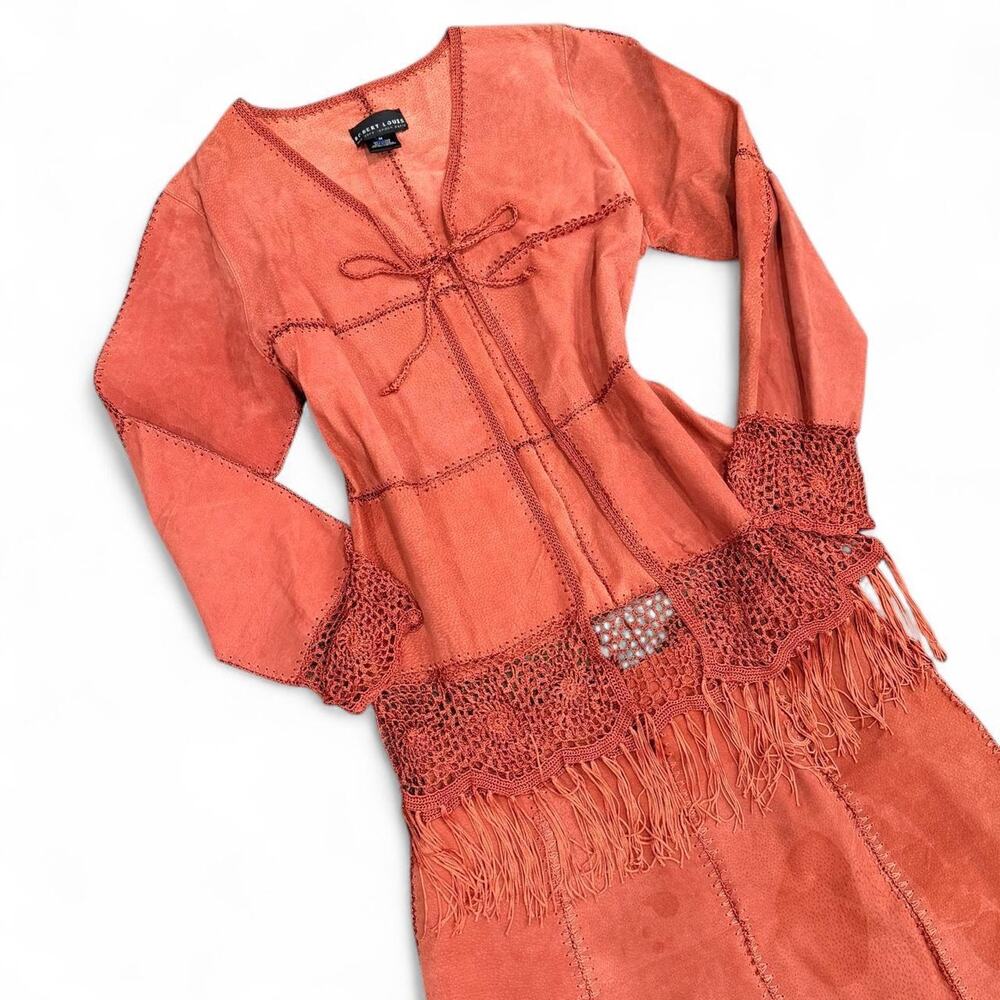 RARE 70s Italian Coral 100% Suede Fringe Two Piece Boho Western Set Size M - Picture 8 of 8